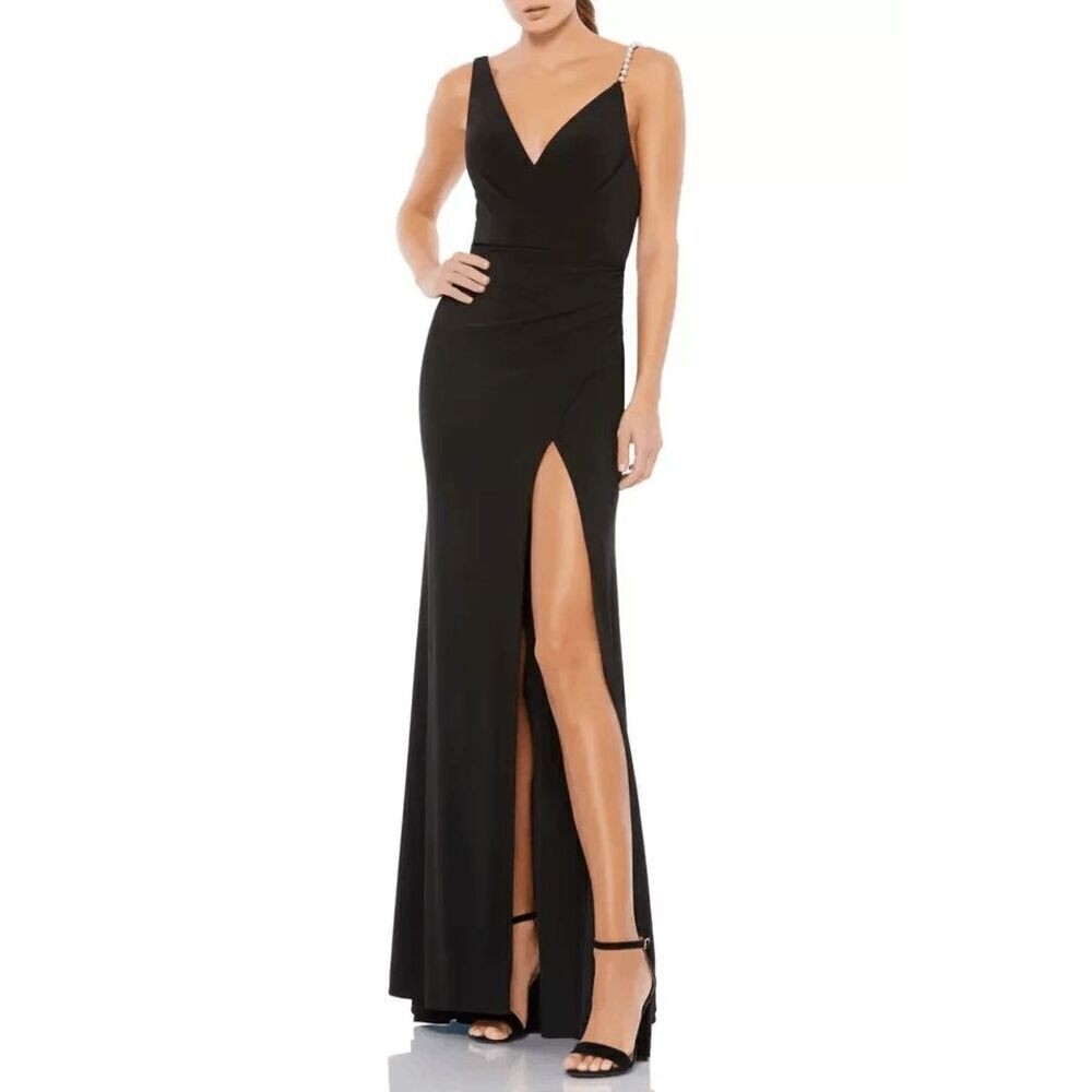 Ieena Mac Duggal Black Pearl Strap High Slit Column Gown Size 8